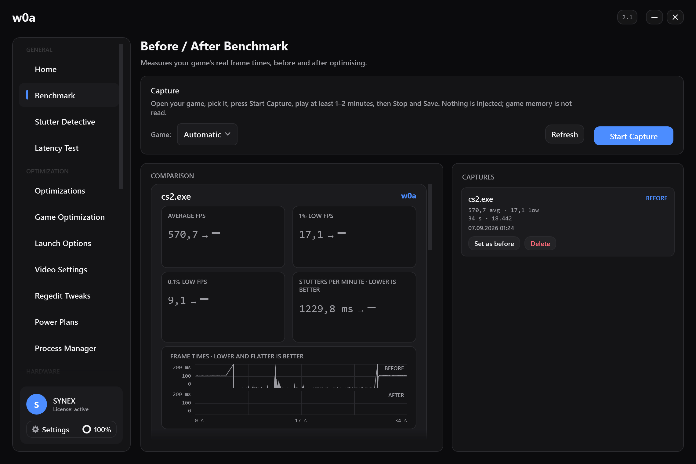 The Benchmark page before any capture: average FPS, 1% low and stutters per minute, each shown as a before/after pair.