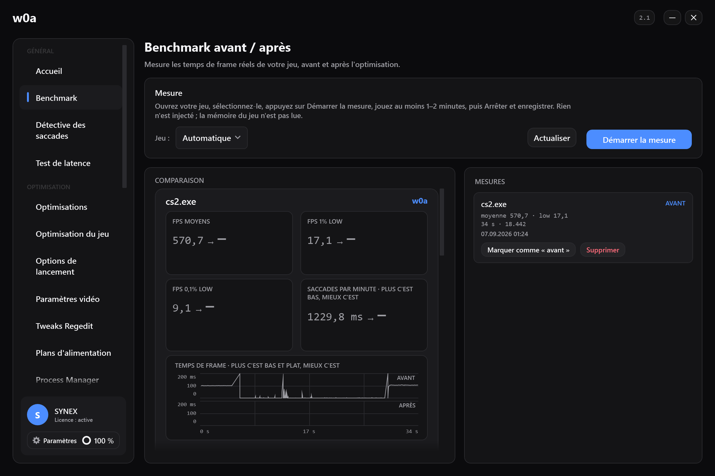 La page Benchmark avant toute capture : FPS moyens, 1% low et saccades par minute, chacun présenté en paire avant/après.