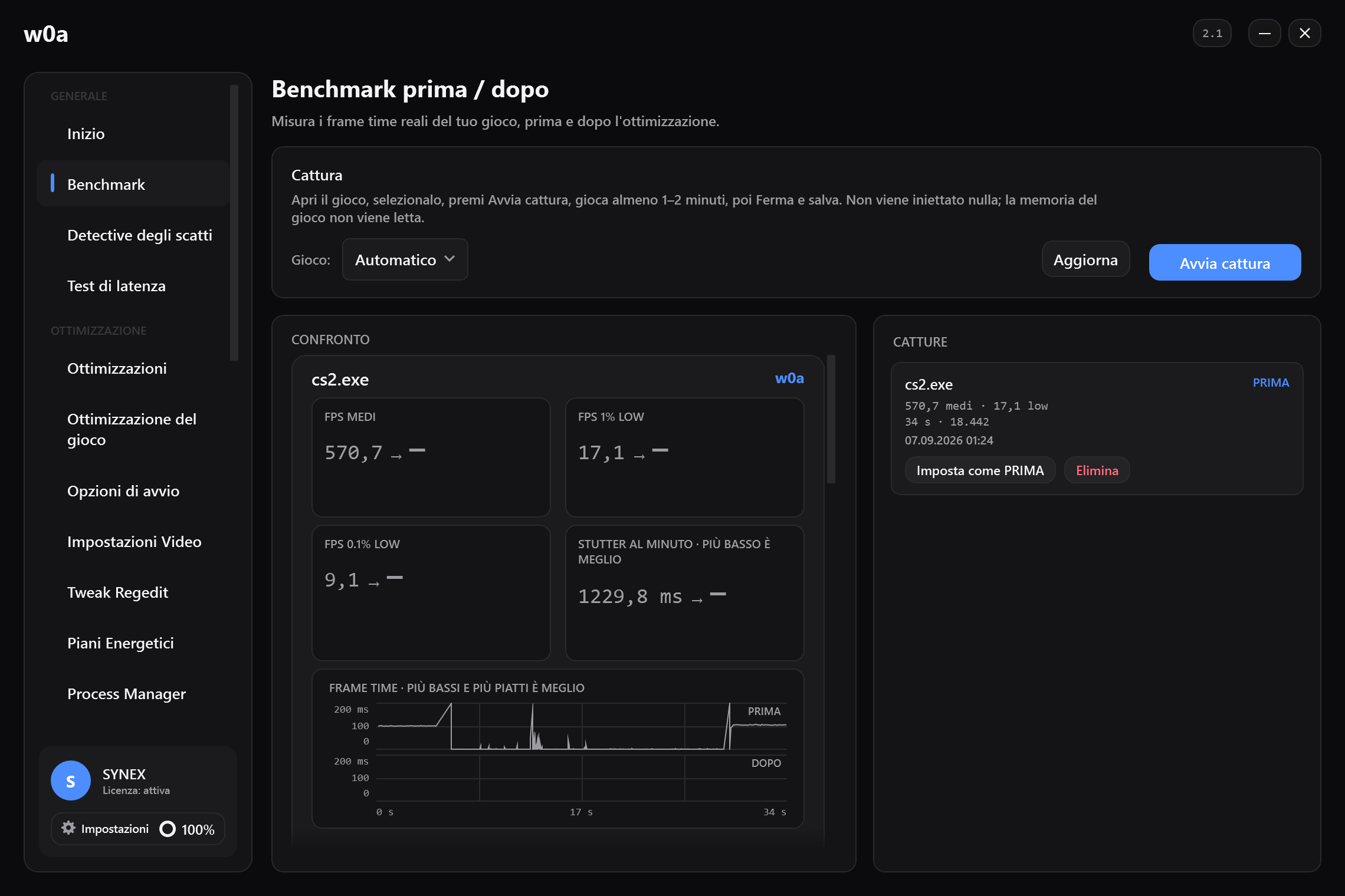 La pagina Benchmark prima di qualsiasi cattura: FPS medi, 1% low e stutter al minuto, ciascuno mostrato come coppia prima/dopo.