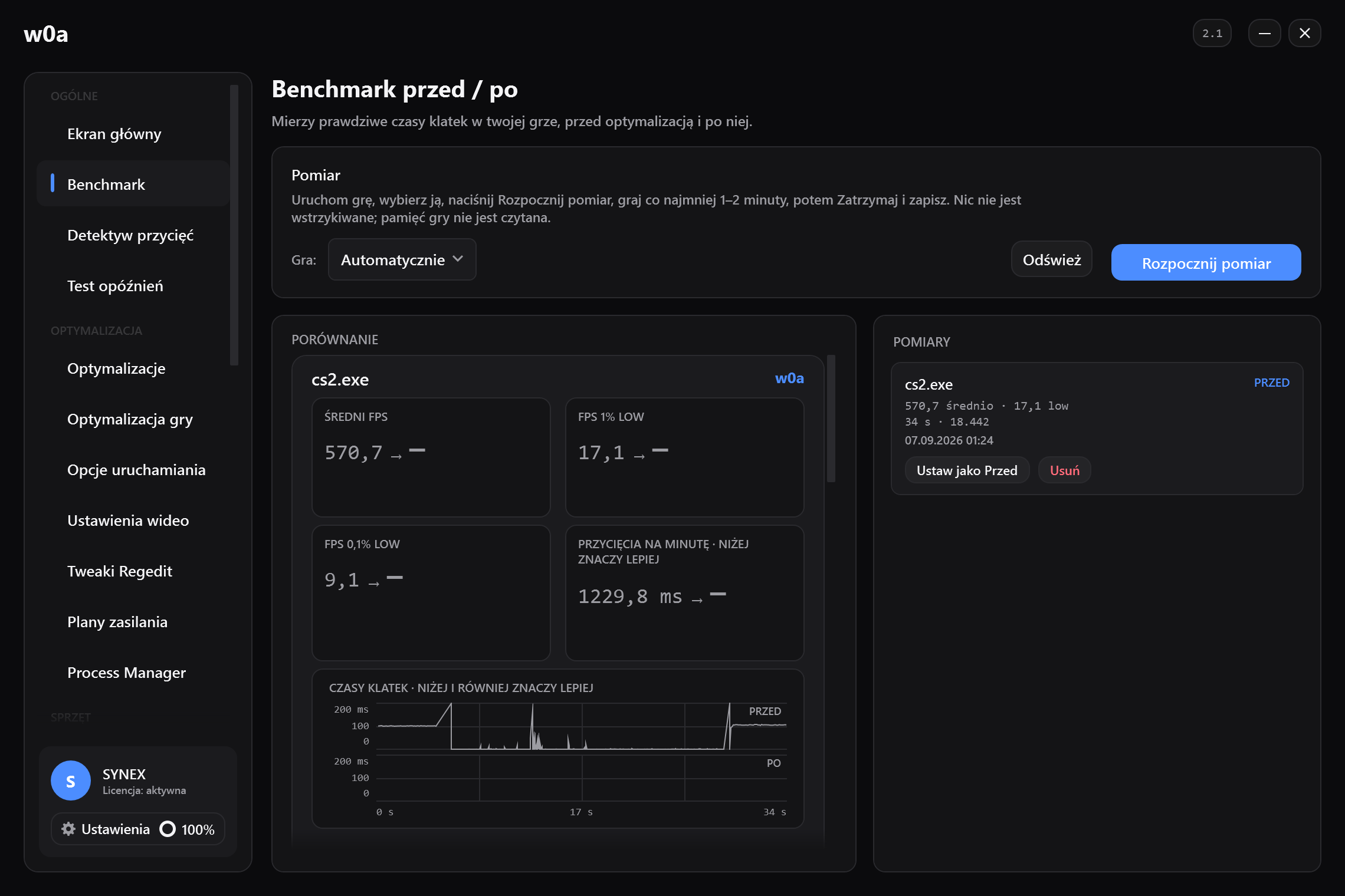 Strona Benchmark przed jakimkolwiek nagraniem: średni FPS, 1% low i przycięcia na minutę, każde pokazane jako para przed/po.