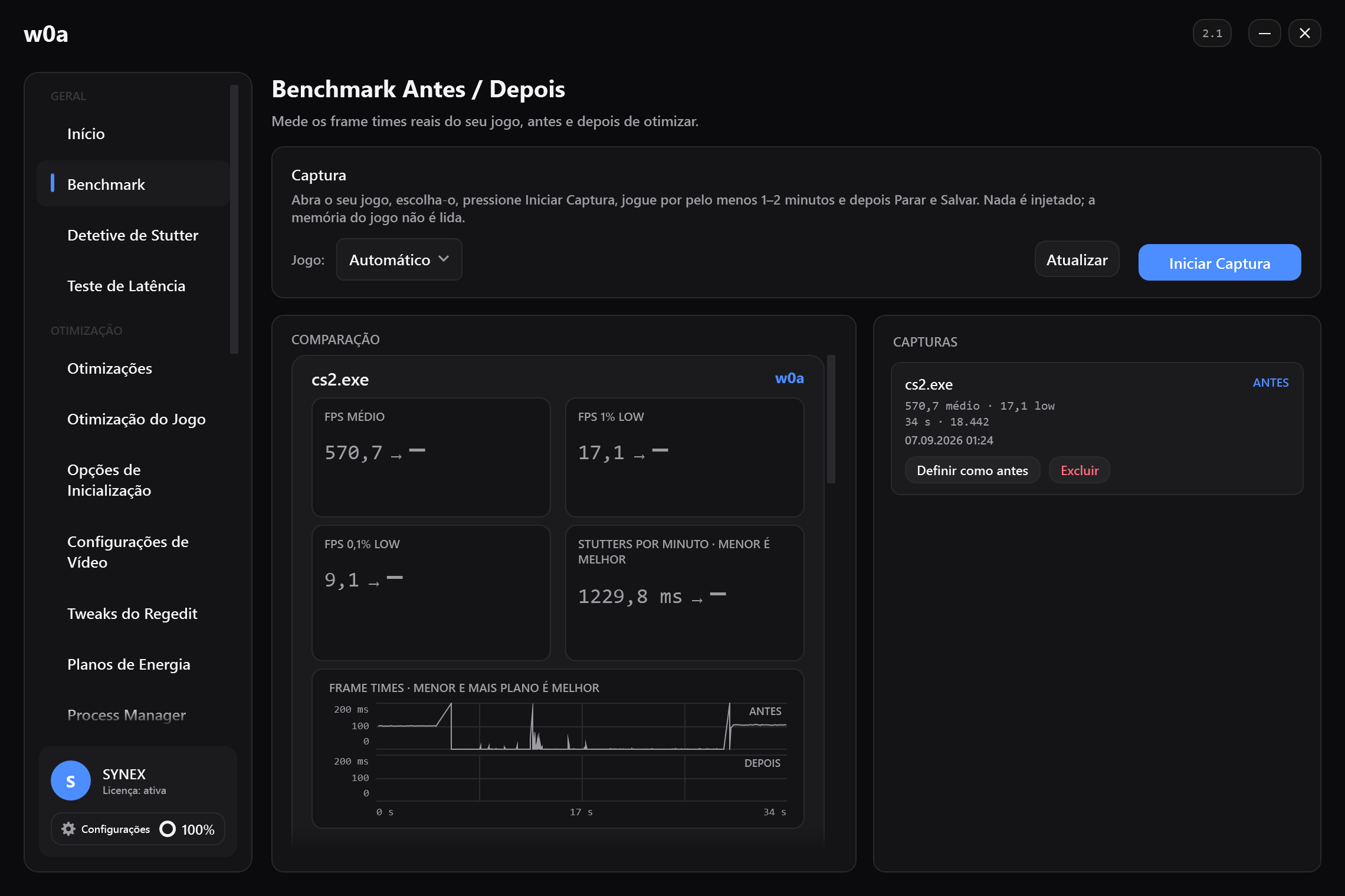 A página Benchmark antes de qualquer captura: FPS médio, 1% low e engasgos por minuto, cada um mostrado como um par antes/depois.