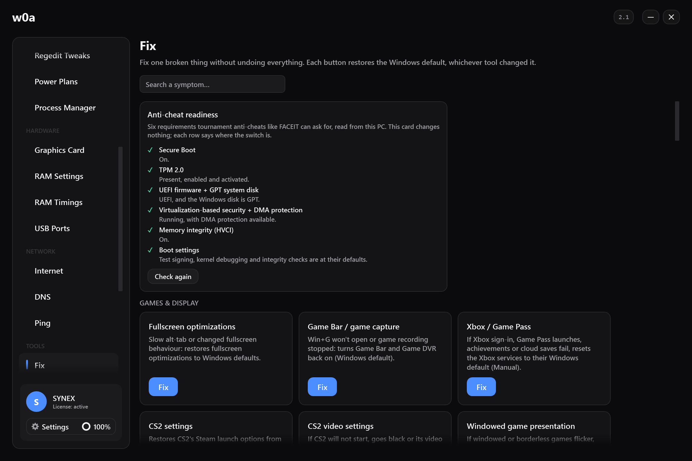 The Fix page: one repair card per thing that can be changed, each restoring the Windows default.