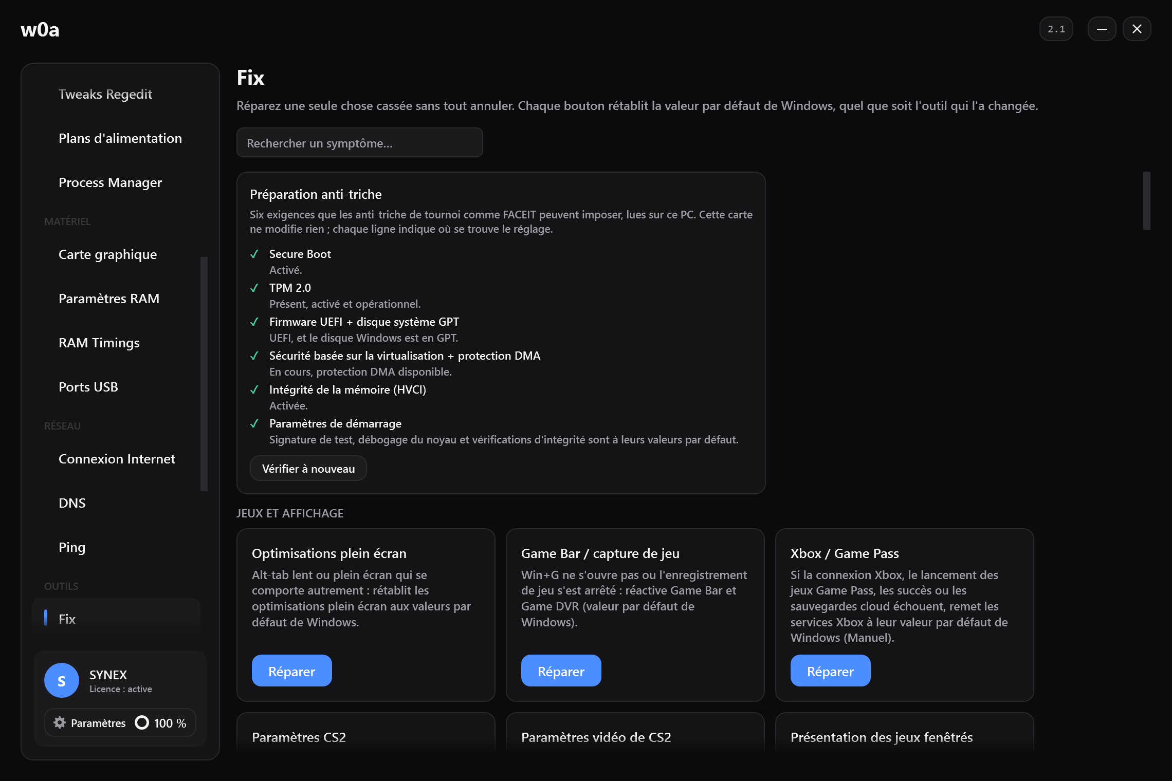 La page Fix : une carte de réparation par élément modifiable, chacune restaurant la valeur par défaut de Windows.