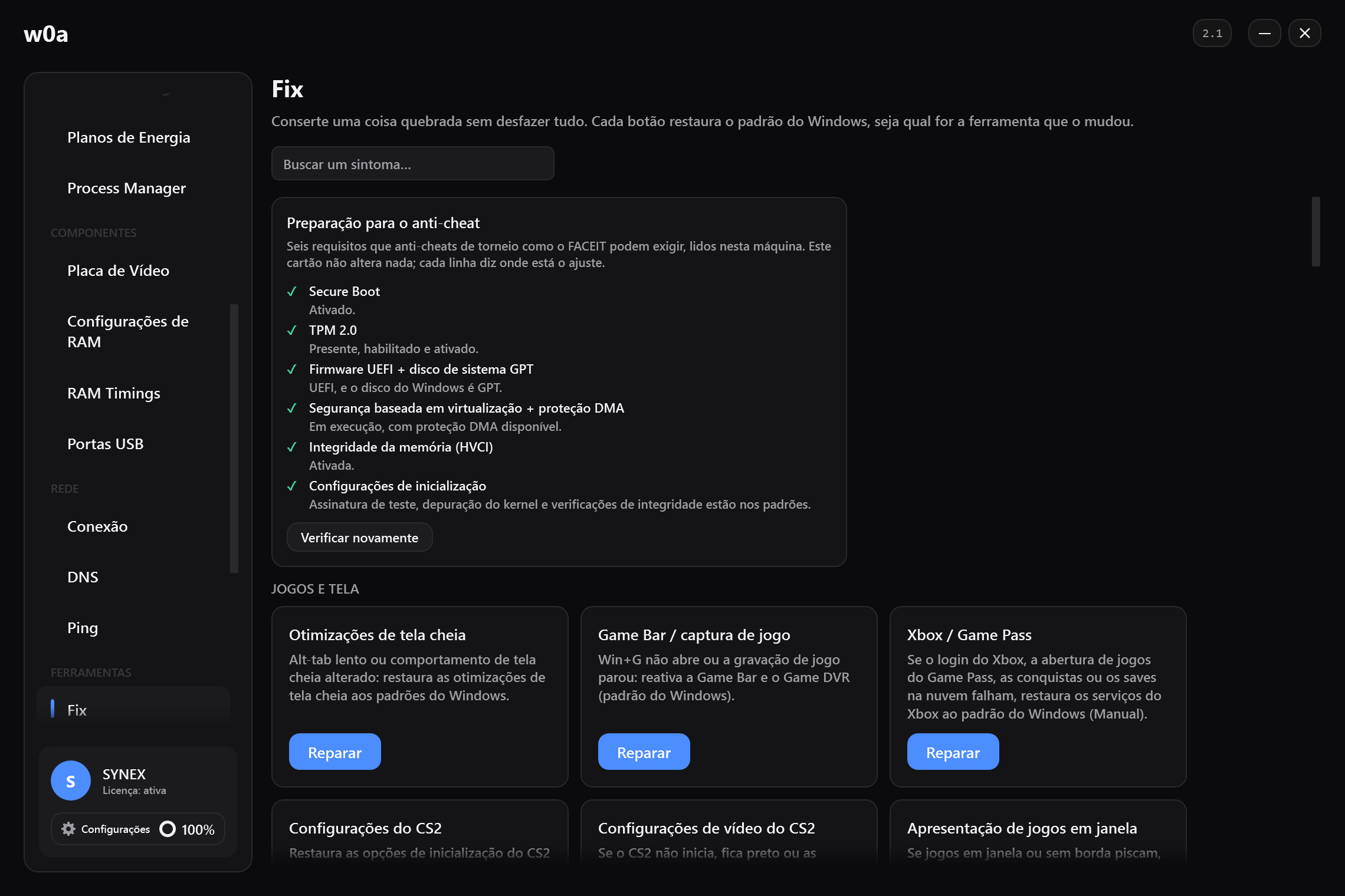 A página Fix: um cartão de reparo para cada coisa que pode ser alterada, cada um restaurando o padrão do Windows.