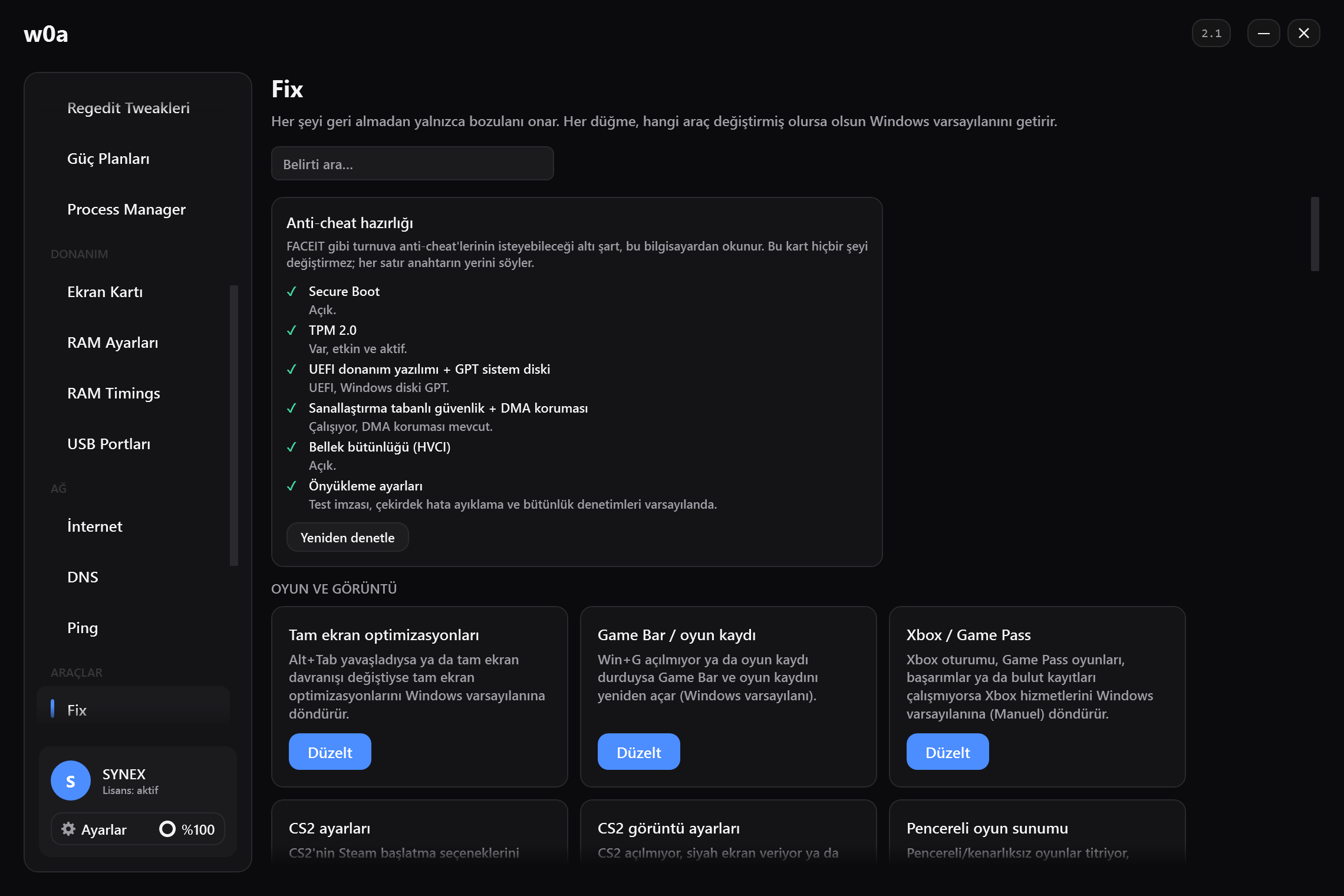Fix sayfası: değişebilecek her şey için bir onarım kartı; her kart Windows varsayılanını geri yazıyor.