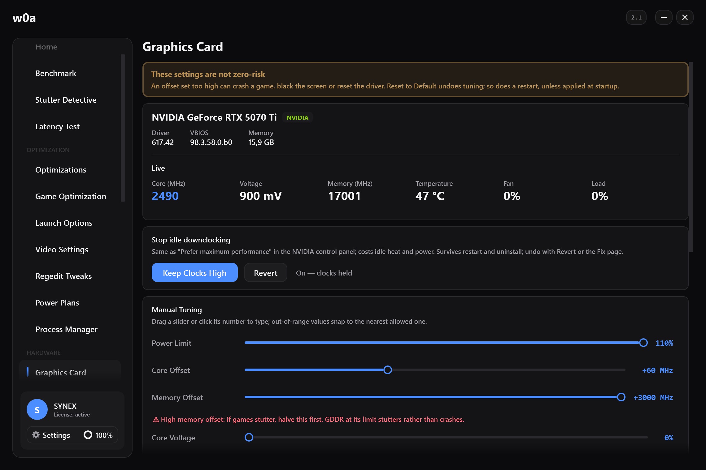The Graphics Card page: live clock, voltage, memory clock, temperature, fan and load, with power limit and clock offset sliders below.