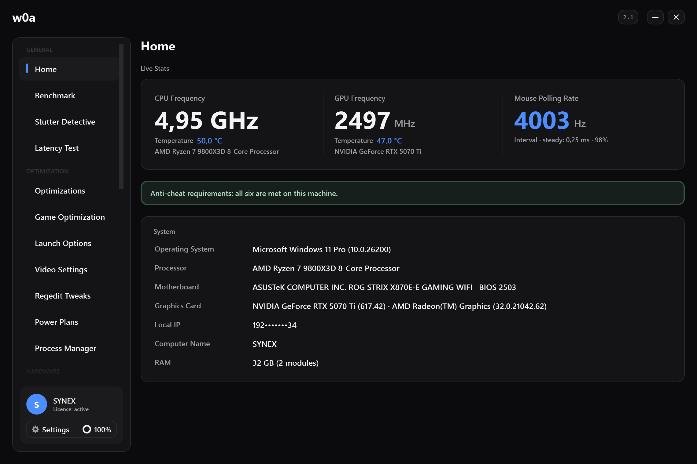 The Home page: live clocks and temperatures for CPU and GPU, the mouse polling rate as measured from real movement, and what the machine is.