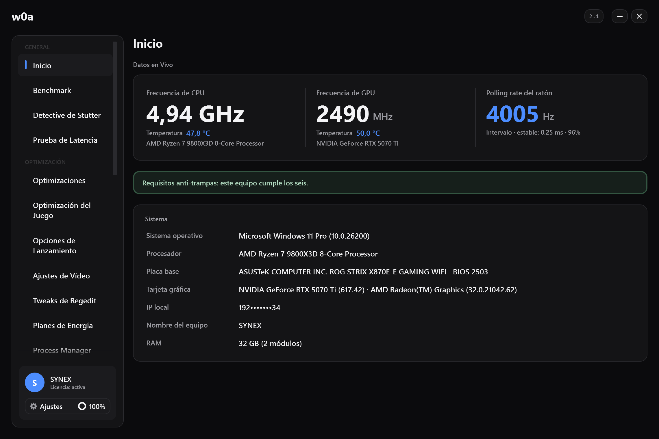 La página de Inicio: frecuencias y temperaturas en vivo de CPU y GPU, la tasa de polling del mouse medida con movimiento real y la ficha técnica de la máquina.