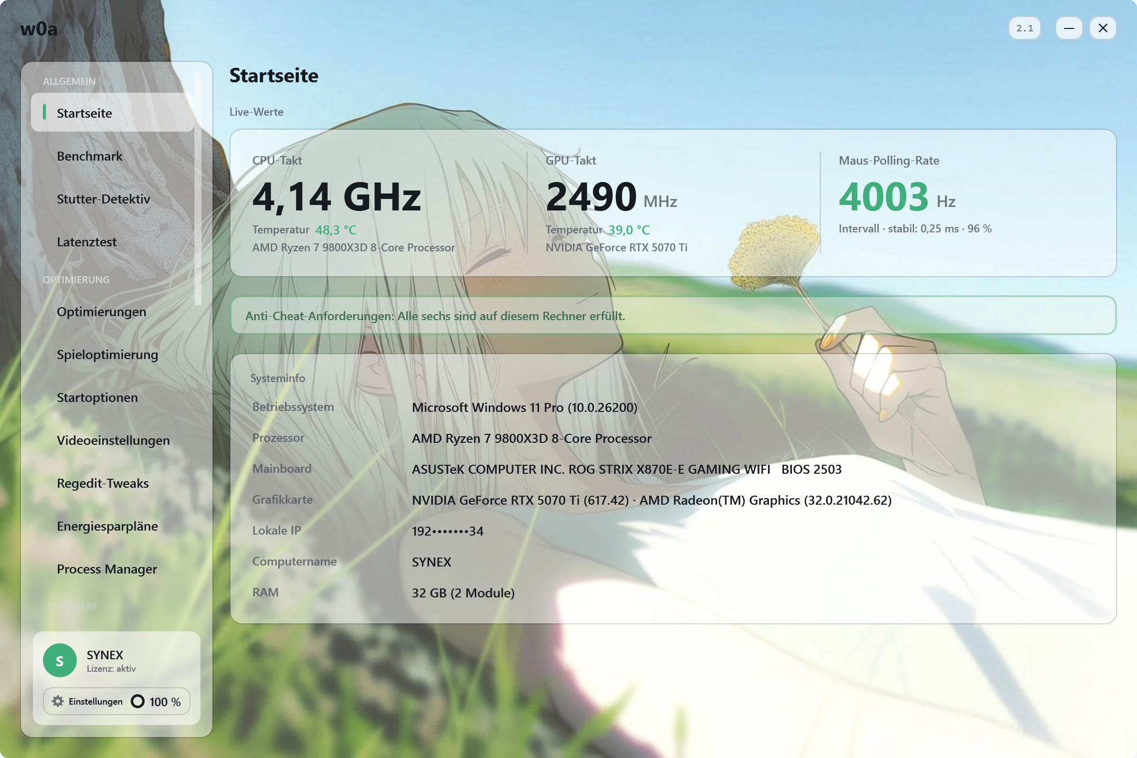 Die w0a-Startseite: Live-Frequenzen von Prozessor und Grafikkarte, Abtastrate der Maus und die Systemübersicht.