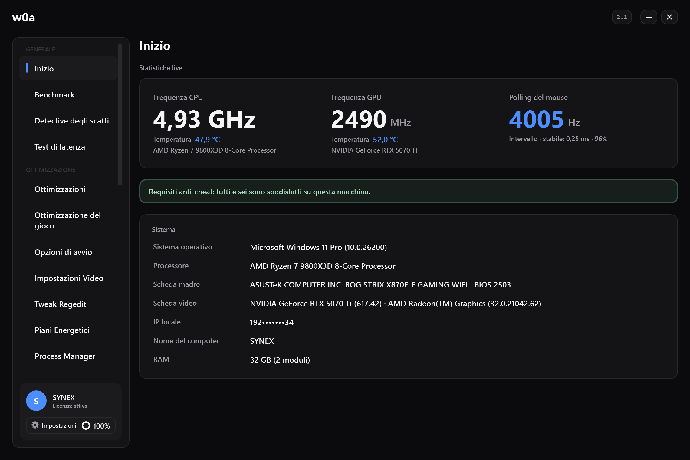 La pagina Inizio: clock e temperature in tempo reale di CPU e GPU, il polling rate del mouse misurato dal movimento reale e la scheda tecnica della macchina.