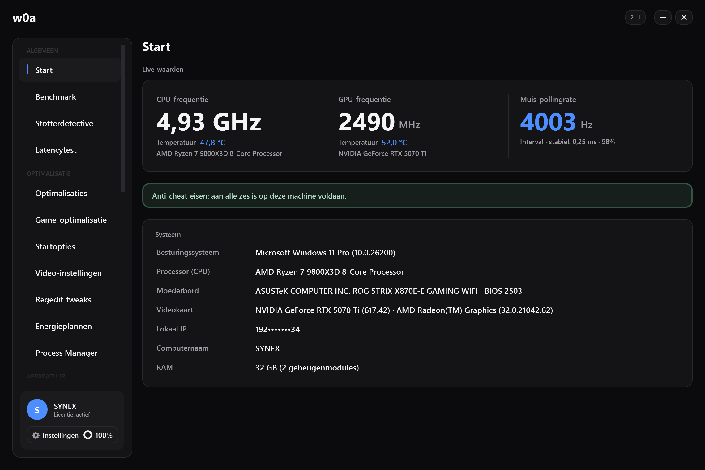 De pagina Start: live kloksnelheden en temperaturen van CPU en GPU, de polling rate van je muis gemeten uit echte beweging, en wat voor machine het is.