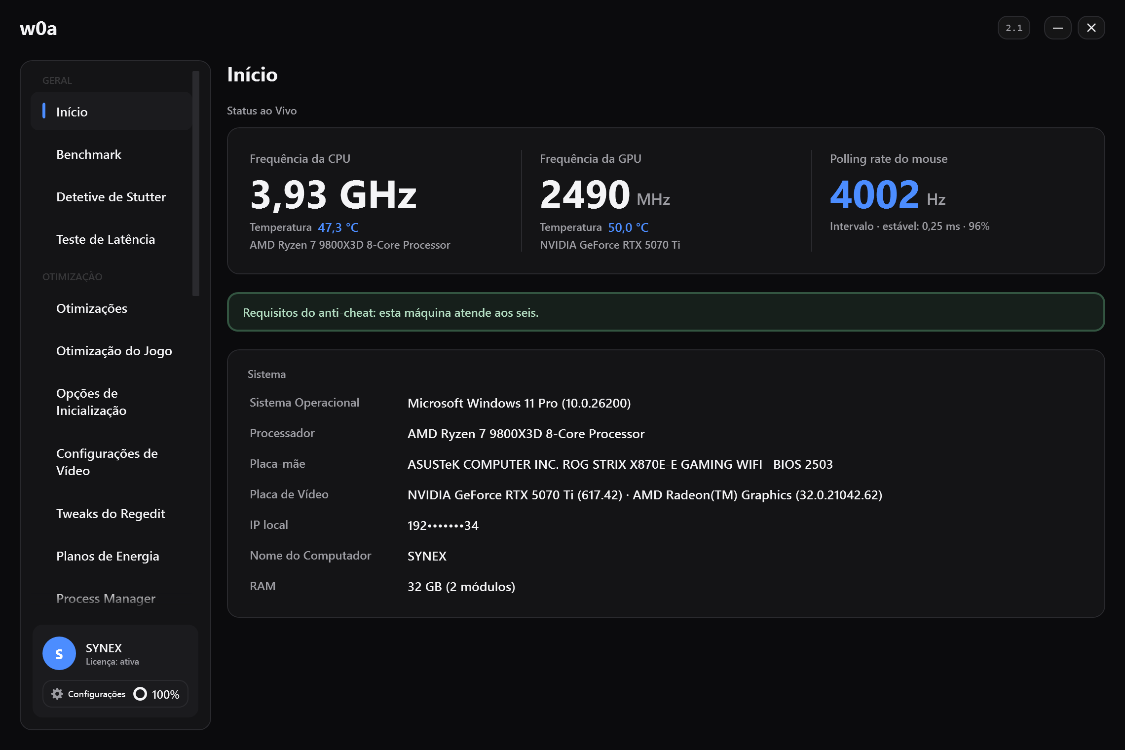 A página Início: clocks e temperaturas ao vivo de CPU e GPU, a taxa de polling do mouse medida a partir do movimento real e a ficha da máquina.
