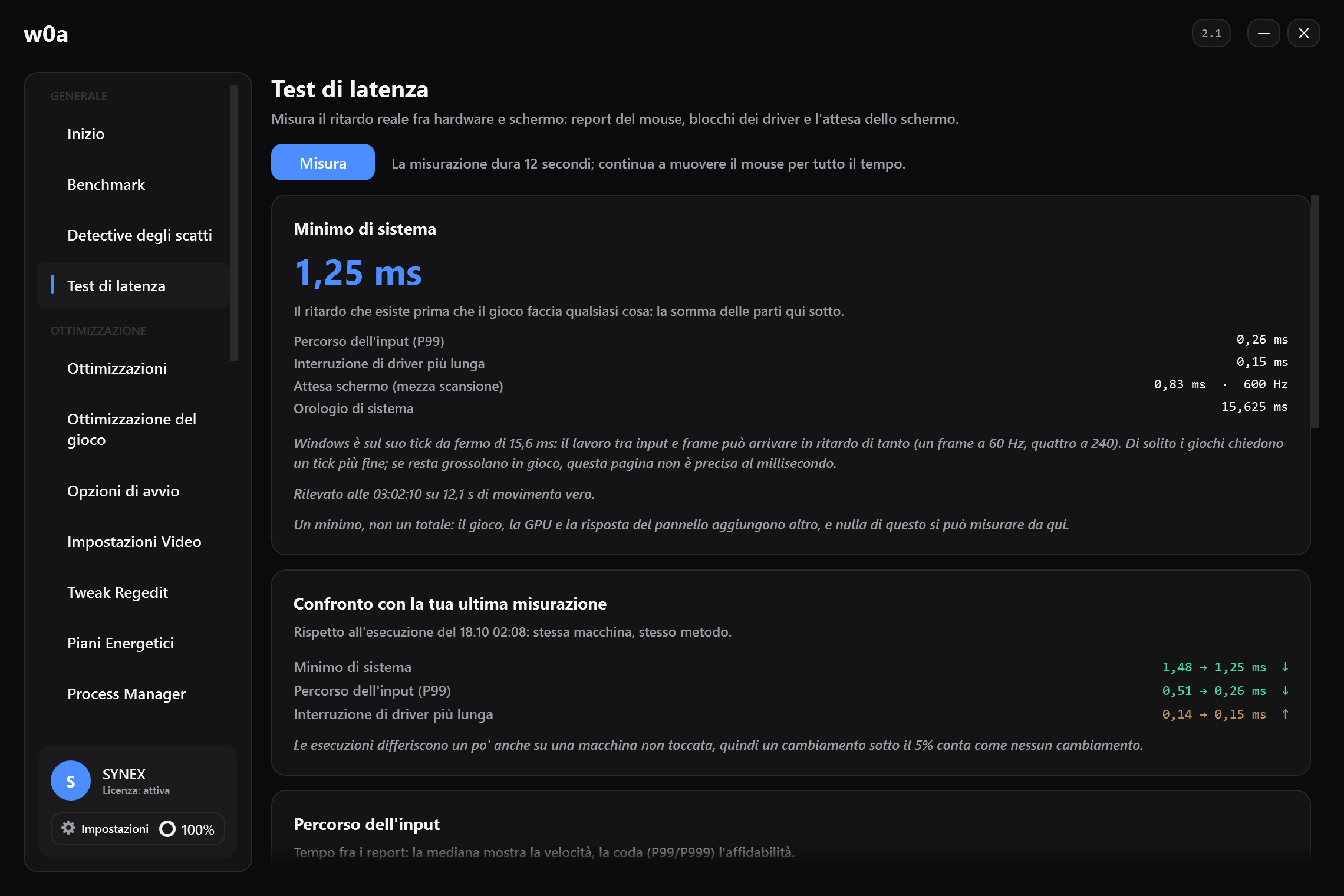 Test di latenza, misurato sul nostro PC: il minimo di sistema in millisecondi e le sue parti: percorso dell'input, interruzione di driver più lunga, attesa schermo.