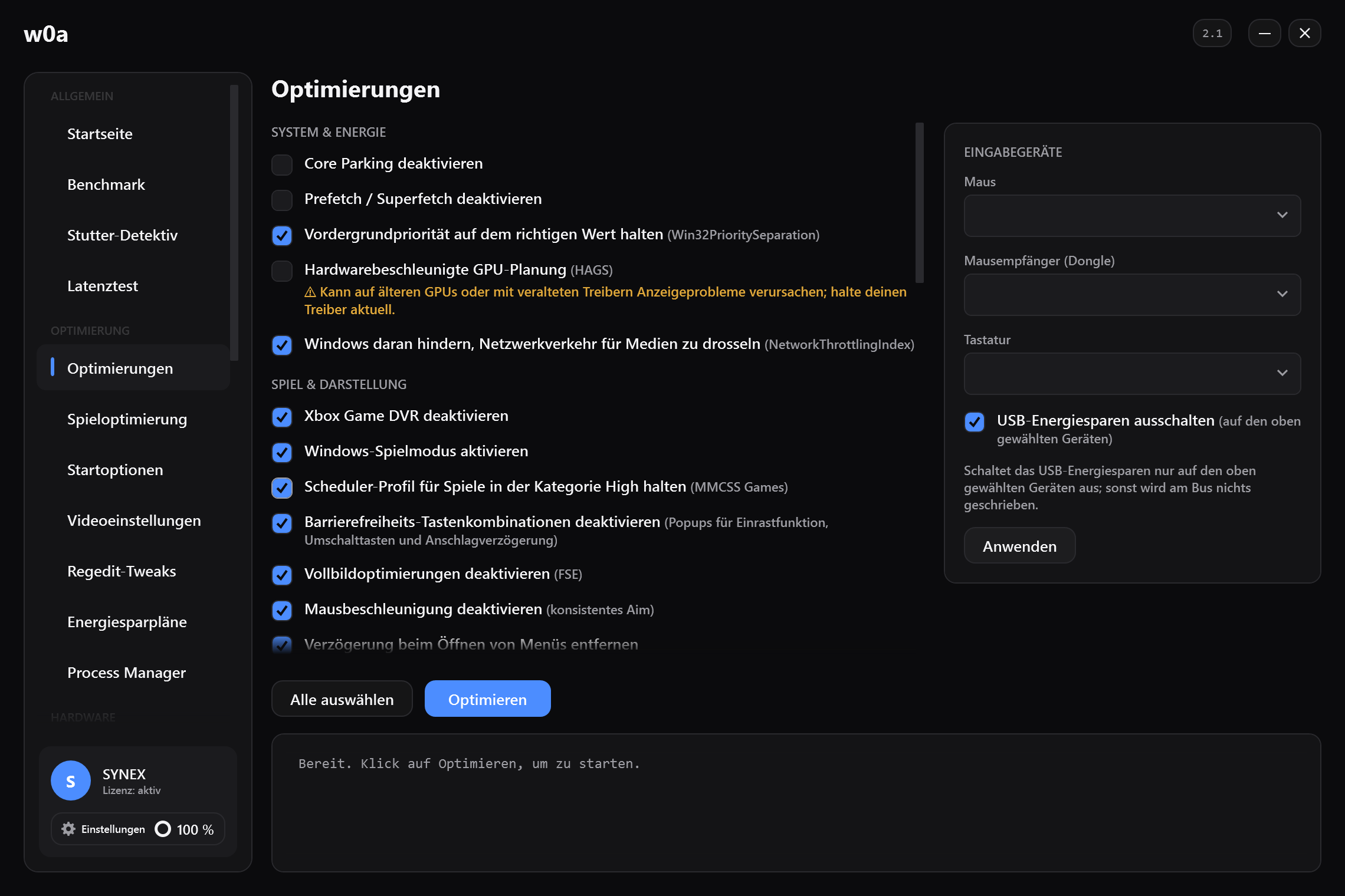 Die Optimierungen-Seite: Core Parking, Game DVR, Vollbildoptimierungen, Mausbeschleunigung und der Rest, jeweils mit eigener Checkbox.