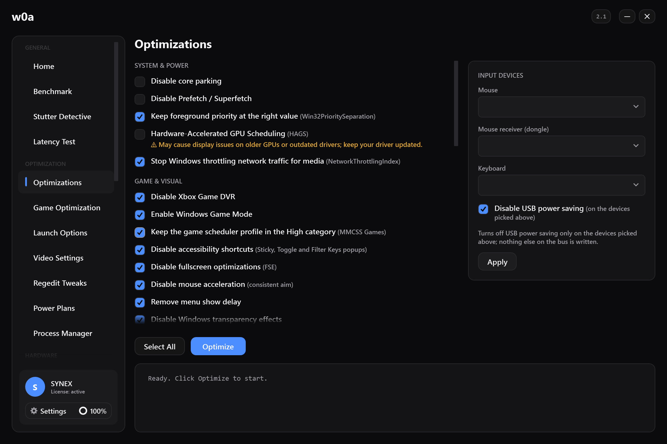The Optimizations page: core parking, Game DVR, fullscreen optimizations, mouse acceleration and the rest, each with its own tick box.