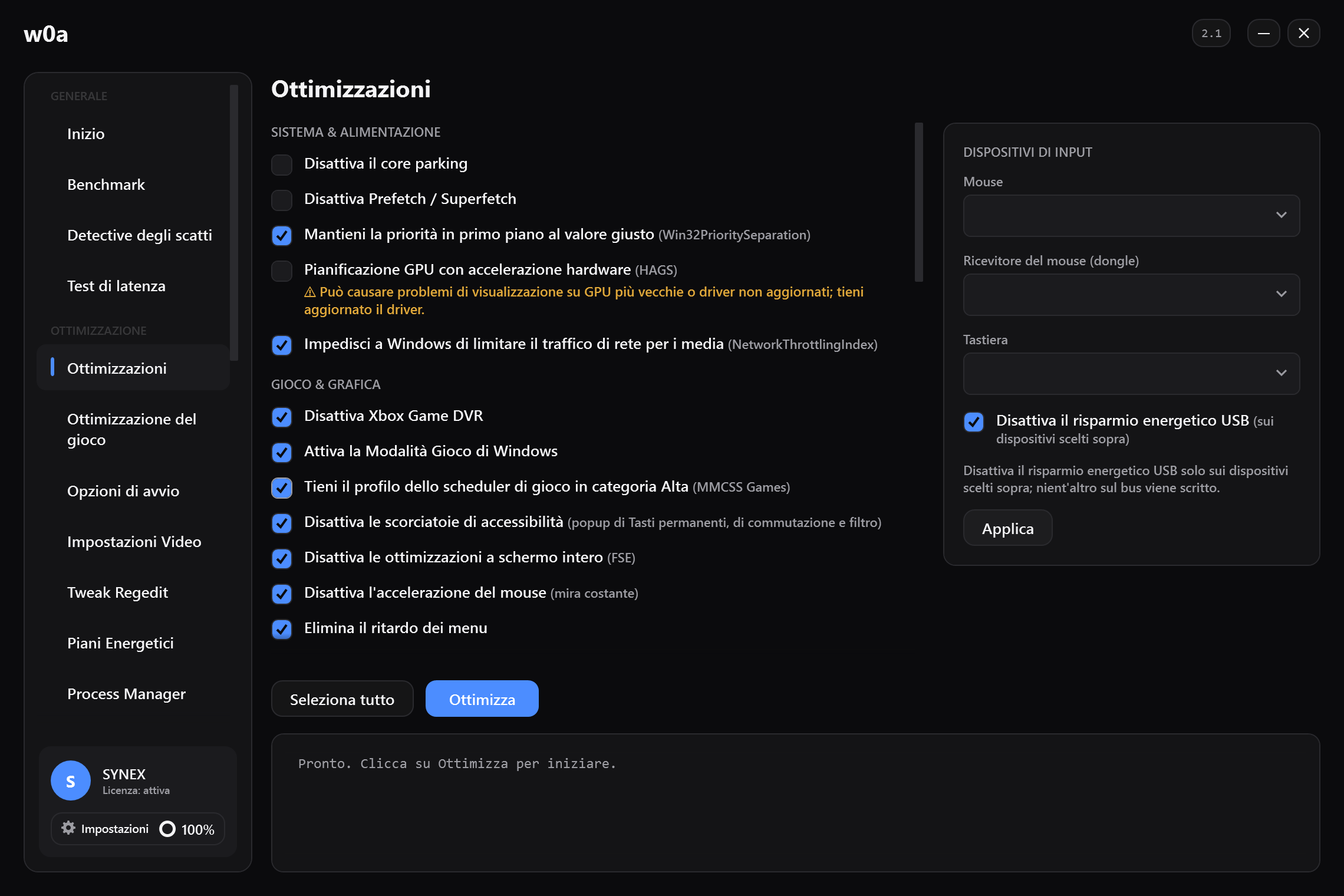 La pagina Ottimizzazioni: core parking, Game DVR, ottimizzazioni schermo intero, accelerazione del mouse e il resto, ognuna con la sua casella.
