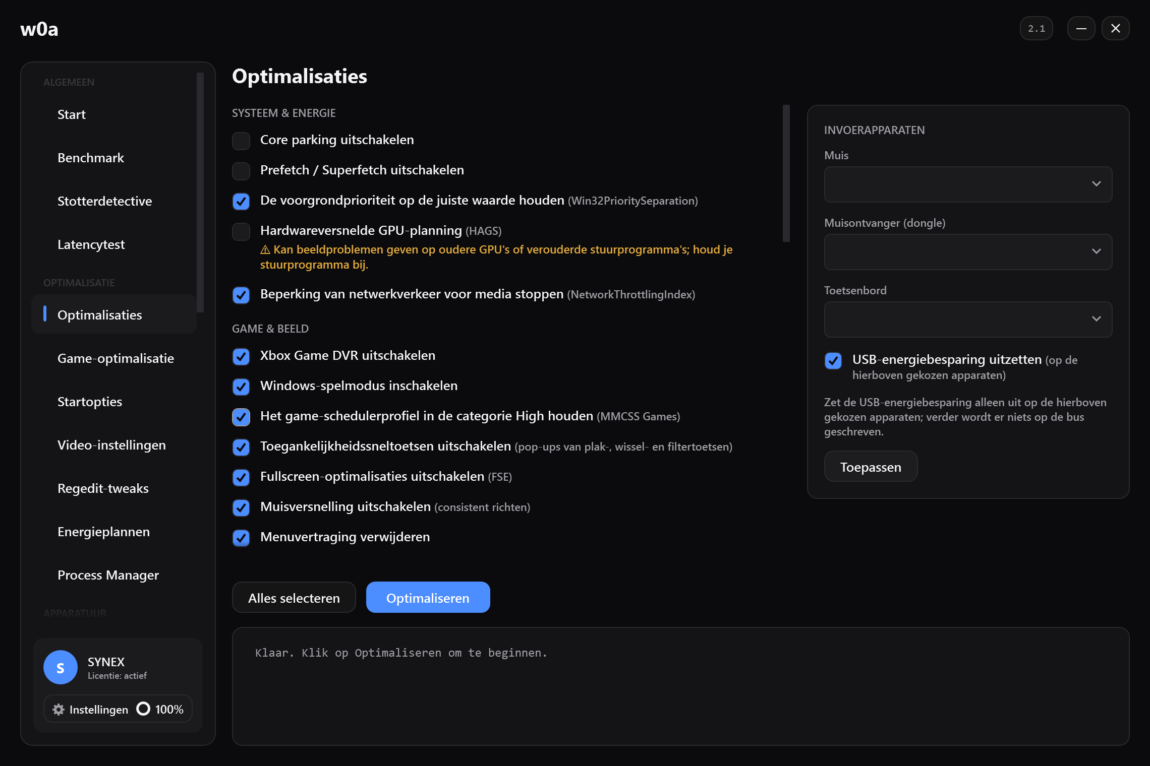 De pagina Optimalisaties: core parking, Game DVR, fullscreen-optimalisaties, muisversnelling en de rest, elk met een eigen vinkje.