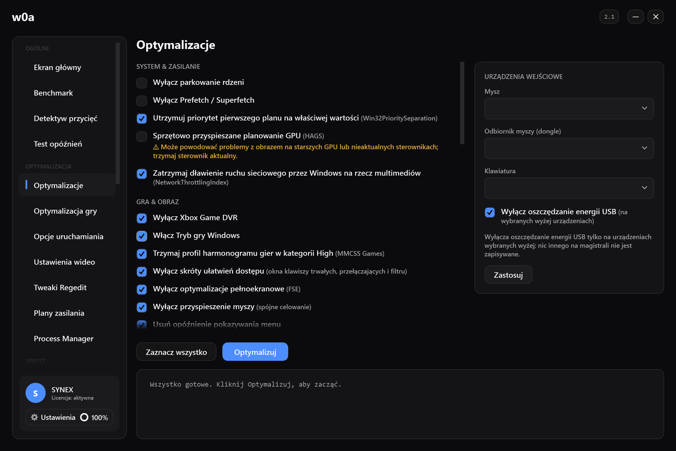 Strona Optymalizacje: parkowanie rdzeni, Game DVR, optymalizacje pełnoekranowe, akceleracja myszy i cała reszta — każde z własnym checkboxem.