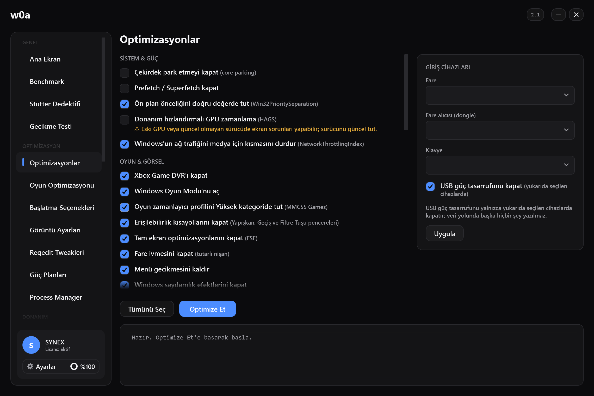 Optimizasyonlar sayfası: çekirdek park etme, Game DVR, tam ekran optimizasyonları, fare hızlandırma ve diğerleri; her biri kendi kutusuyla.