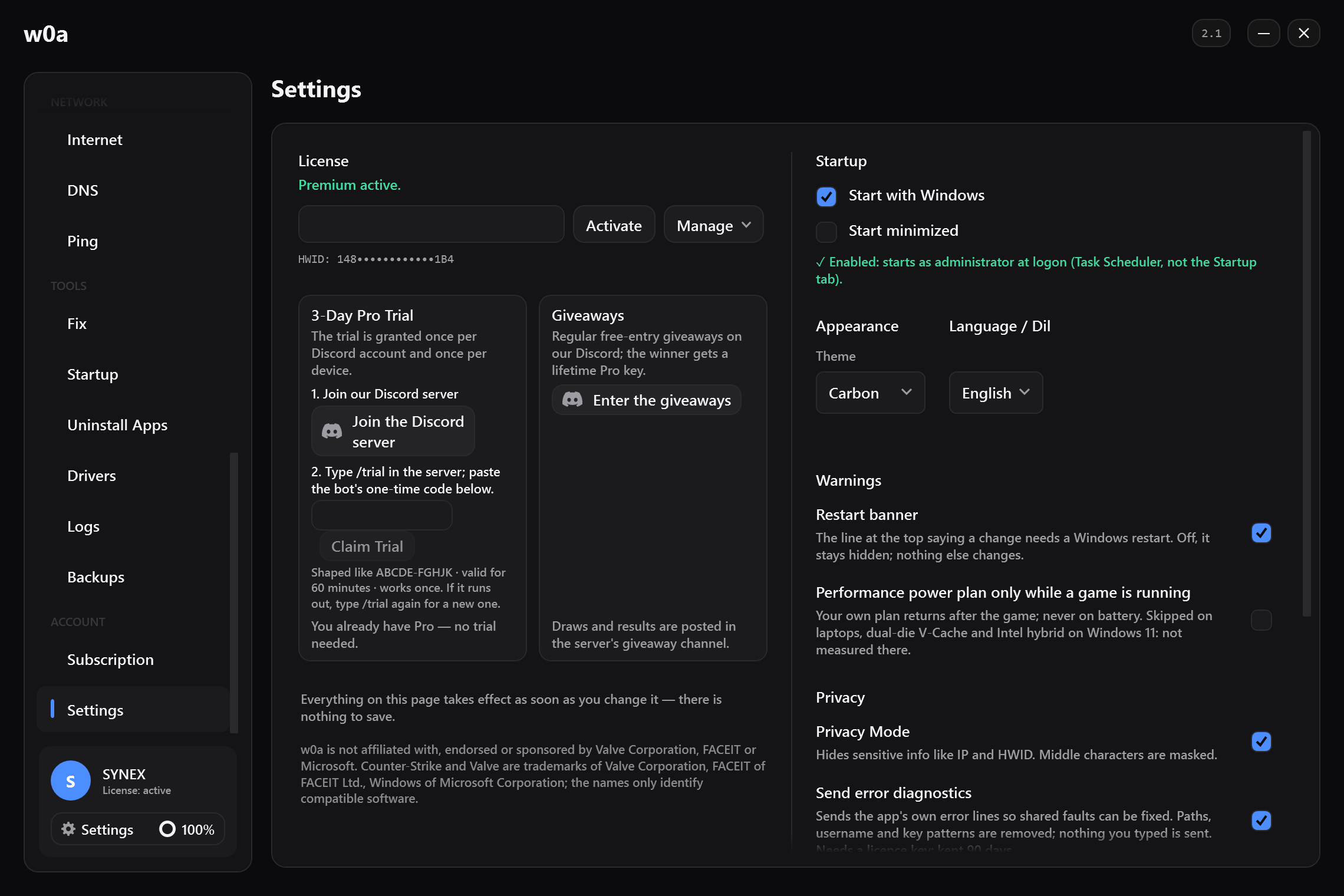 The 3-Day Pro Trial card in Settings, next to the giveaway card.