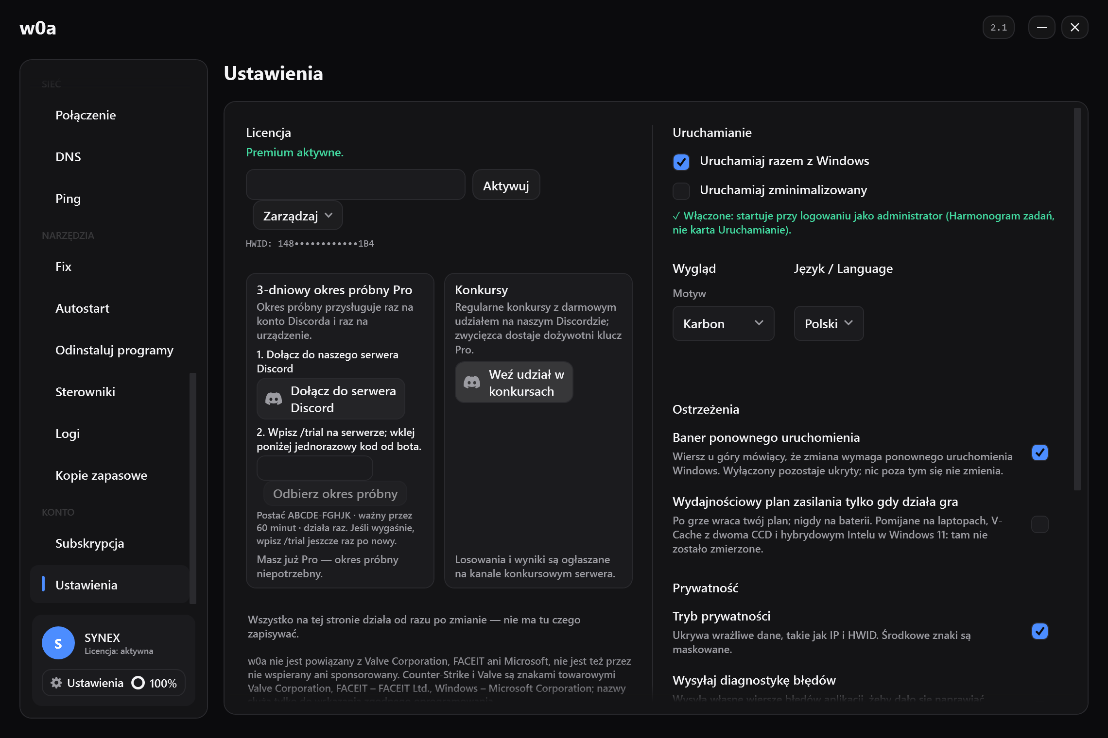 Karta 3-dniowy okres próbny Pro w Ustawieniach, obok karty konkursu.