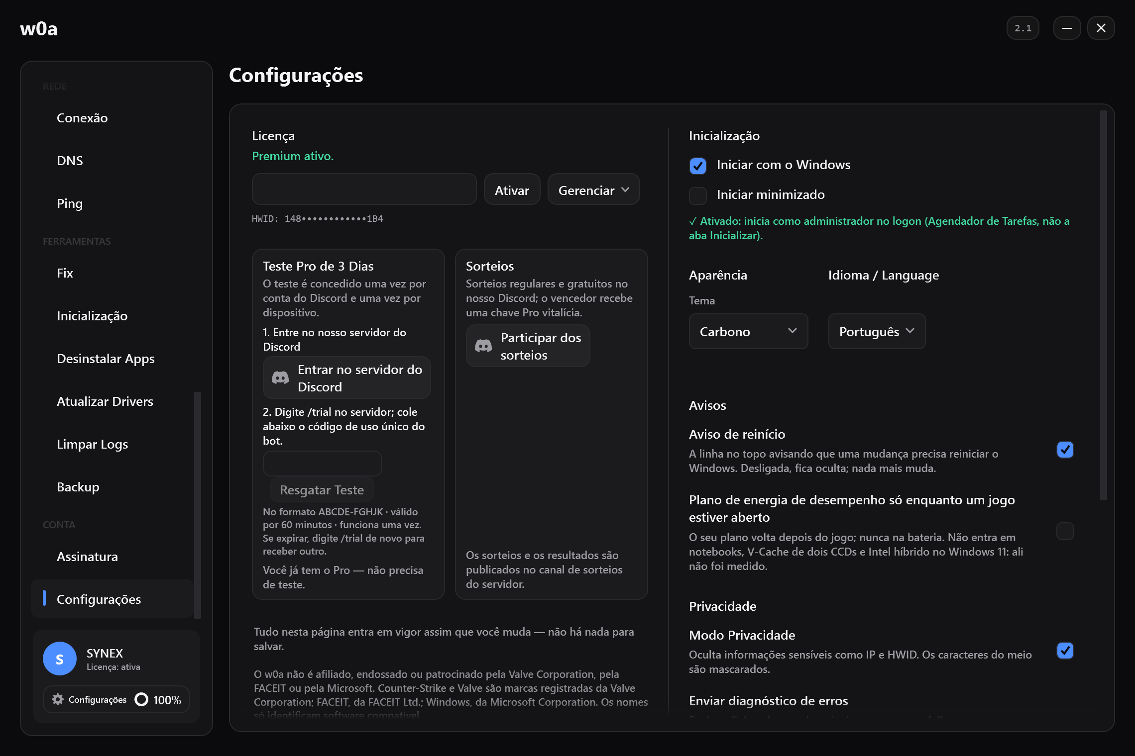 O cartão Teste Pro de 3 Dias em Configurações, ao lado do cartão de sorteio.